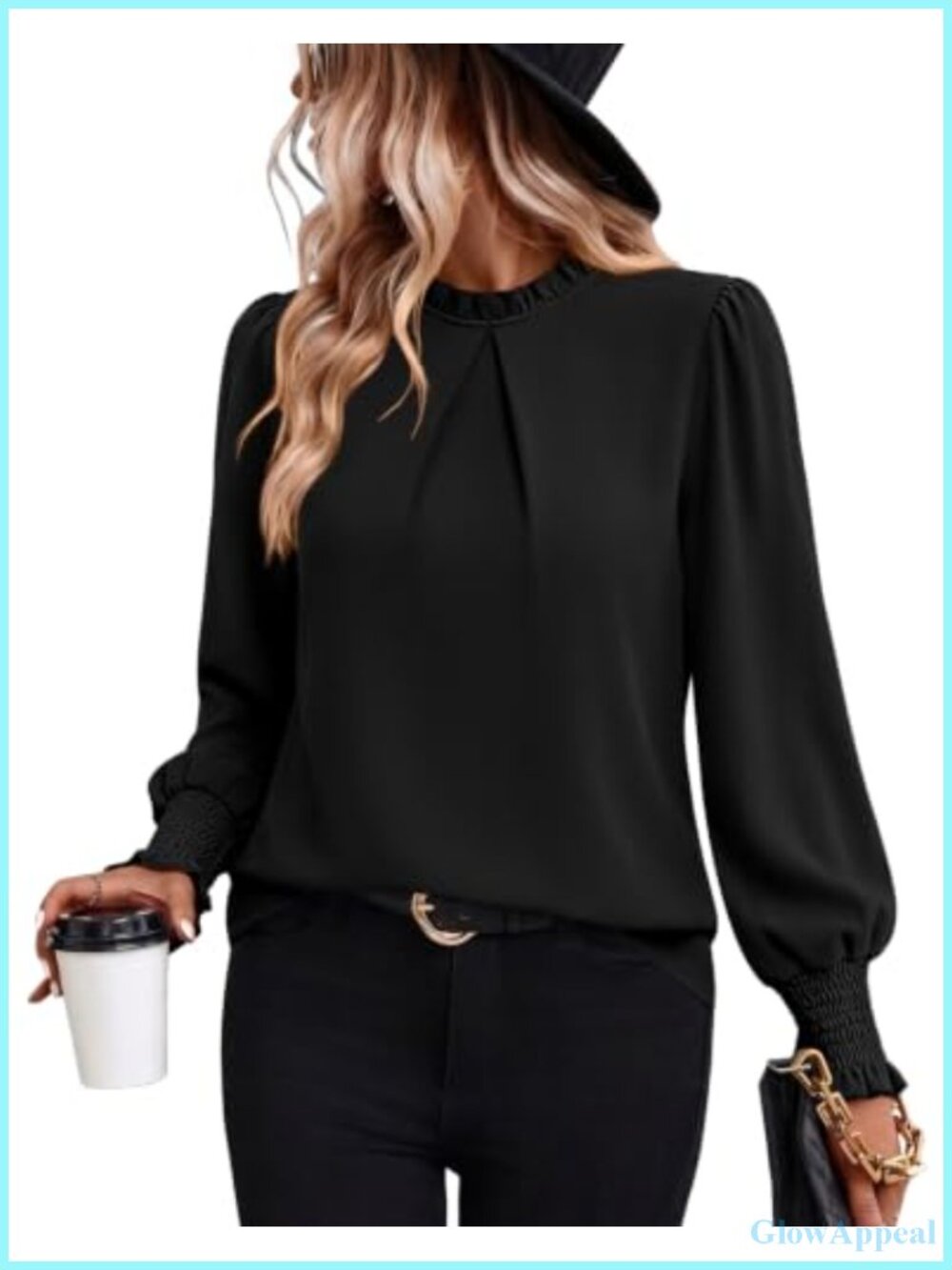 Womens Long Sleeve Blouse Mock Neck Ruched Puff Sleeve Tunic Top
